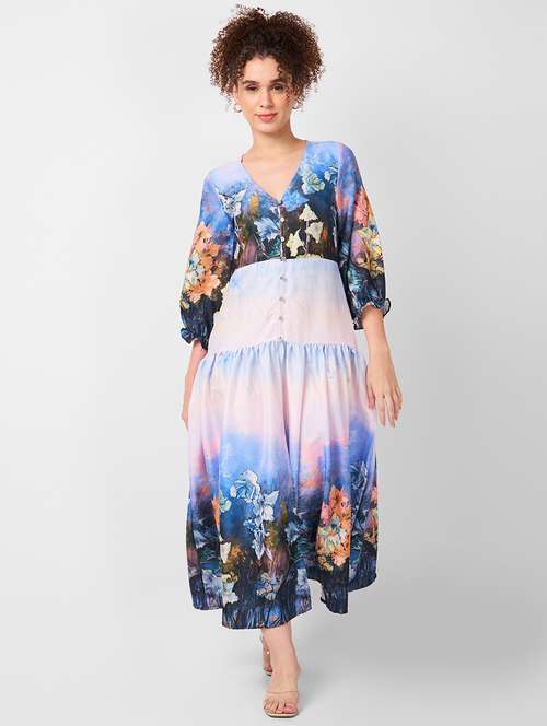 women printed puff sleeves tiered dress - 21840421 -  Standard Image - 0