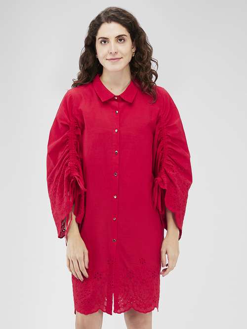 women schiffli detailed collared shirt dress - 21840436 - Standard Image - 0