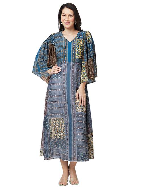 women printed puff sleeves fit & flare dress - 21840455 -  Standard Image - 0