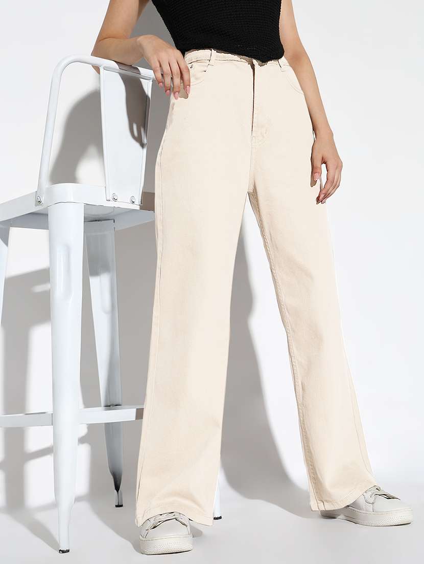 women solid high rise wide leg jean