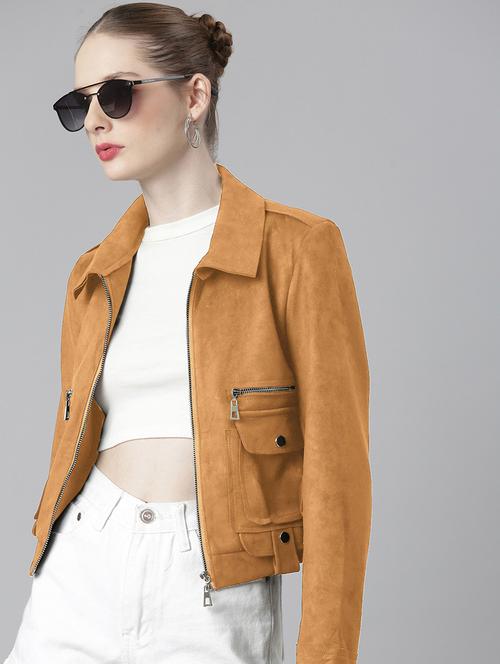 women solid collared long slevees jacket - 21840566 - Standard Image - 0