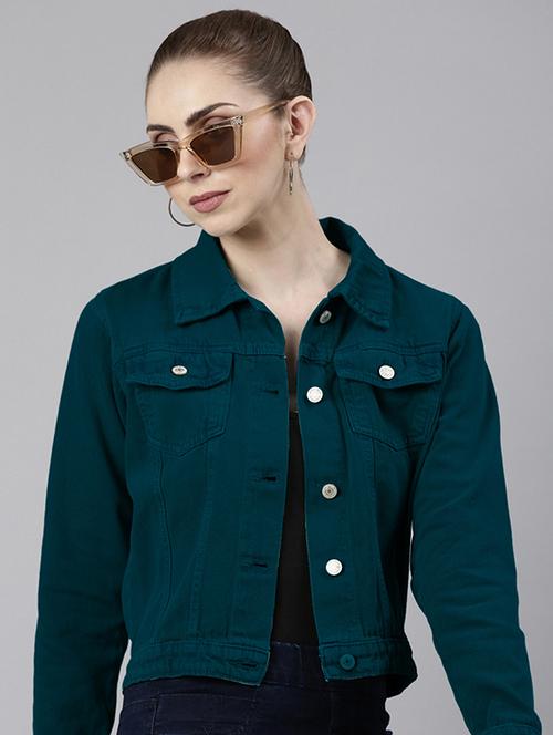 women solid collared denim jacket - 21840567 - Standard Image - 0