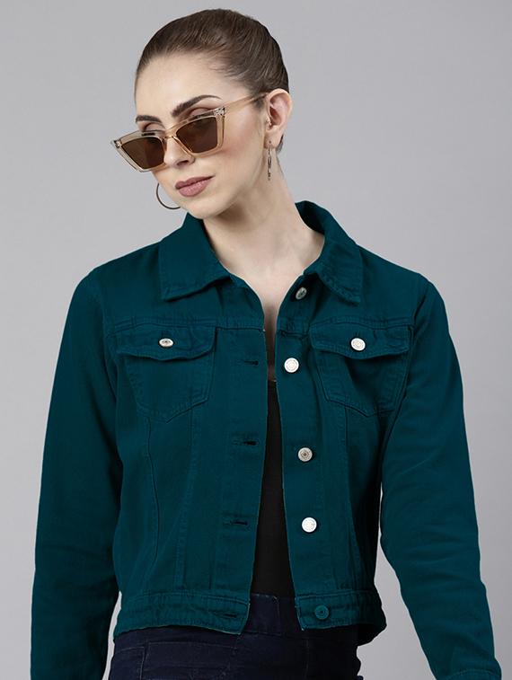 women solid collared denim jacket - 21840567 - Zoom Image - 0