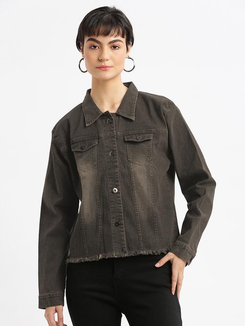 women solid collared denim jacket - 21840568 - Standard Image - 0