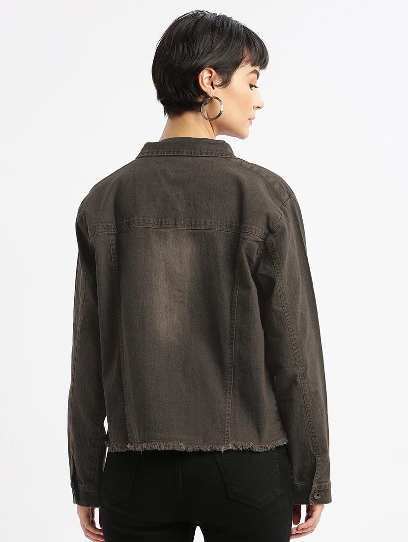 women solid collared denim jacket - 21840568 - Standard Image - 2
