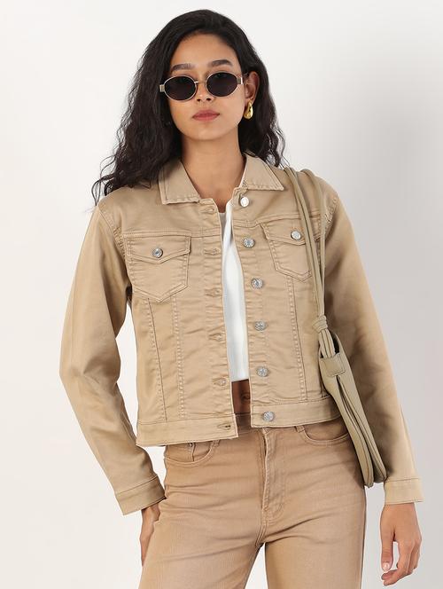 women solid collared denim jacket - 21840569 - Standard Image - 0