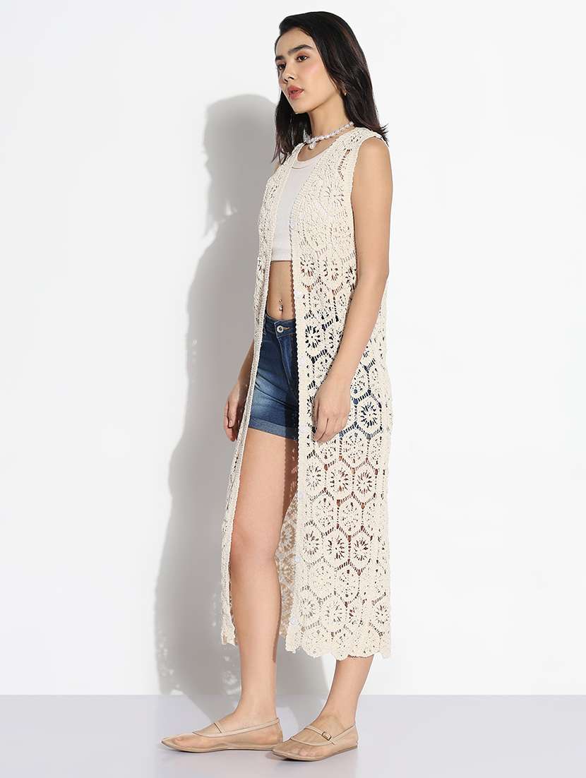 women crochet detailed sleeveless long shrug - 21840577 -  Standard Image - 2