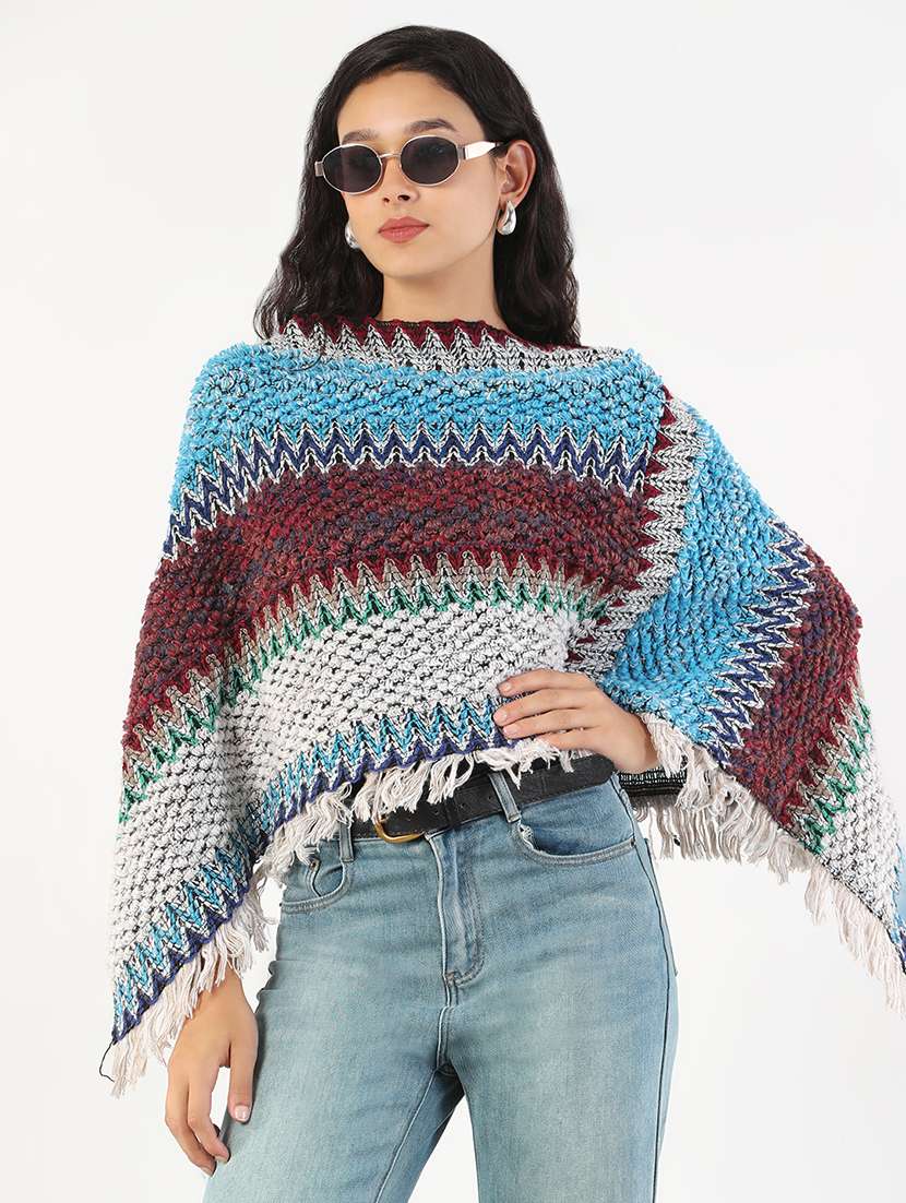 women self designed fringed detailed poncho - 21840589 -  Zoom Image - 0