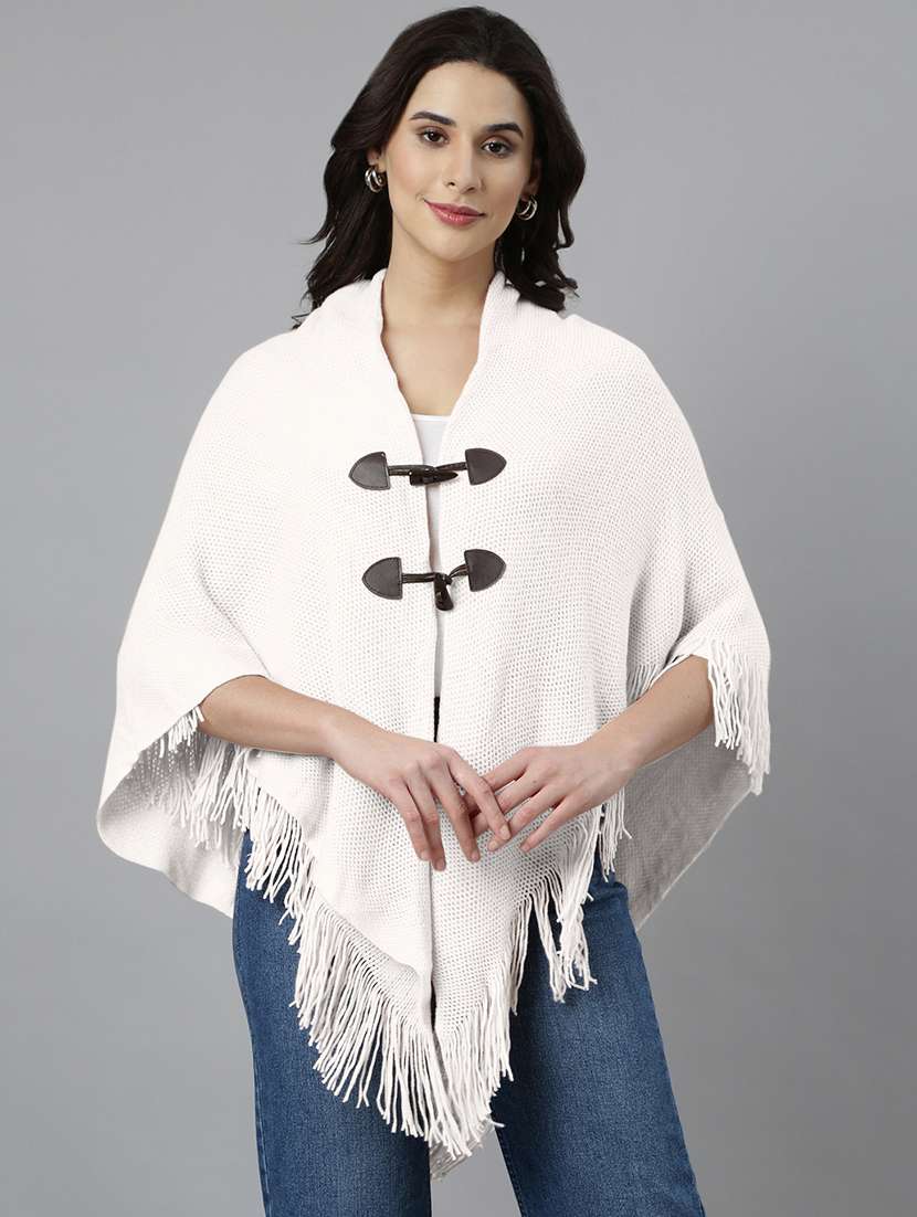 women solid fringed detailed hooded poncho - 21840595 - Zoom Image - 0