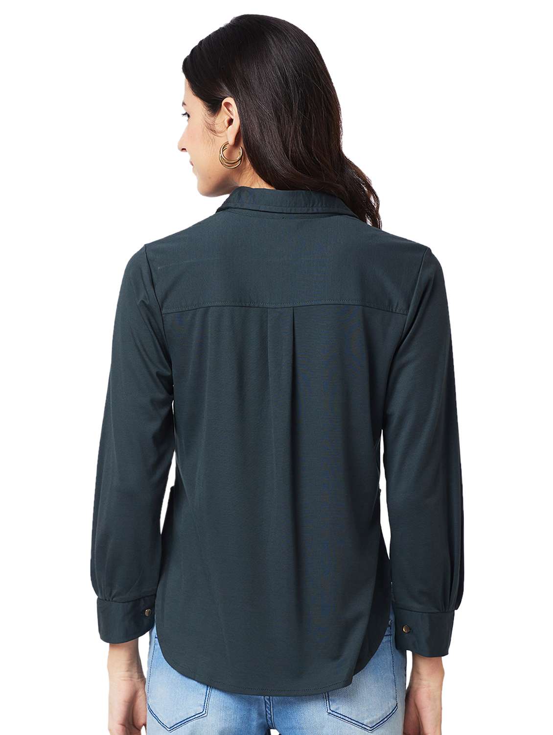women teal solid collared high low shirt - 21840666 -  Standard Image - 2