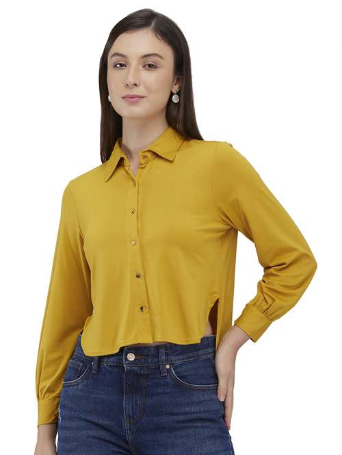 women mustard solid collared high low shirt - 21840667 -  Standard Image - 0
