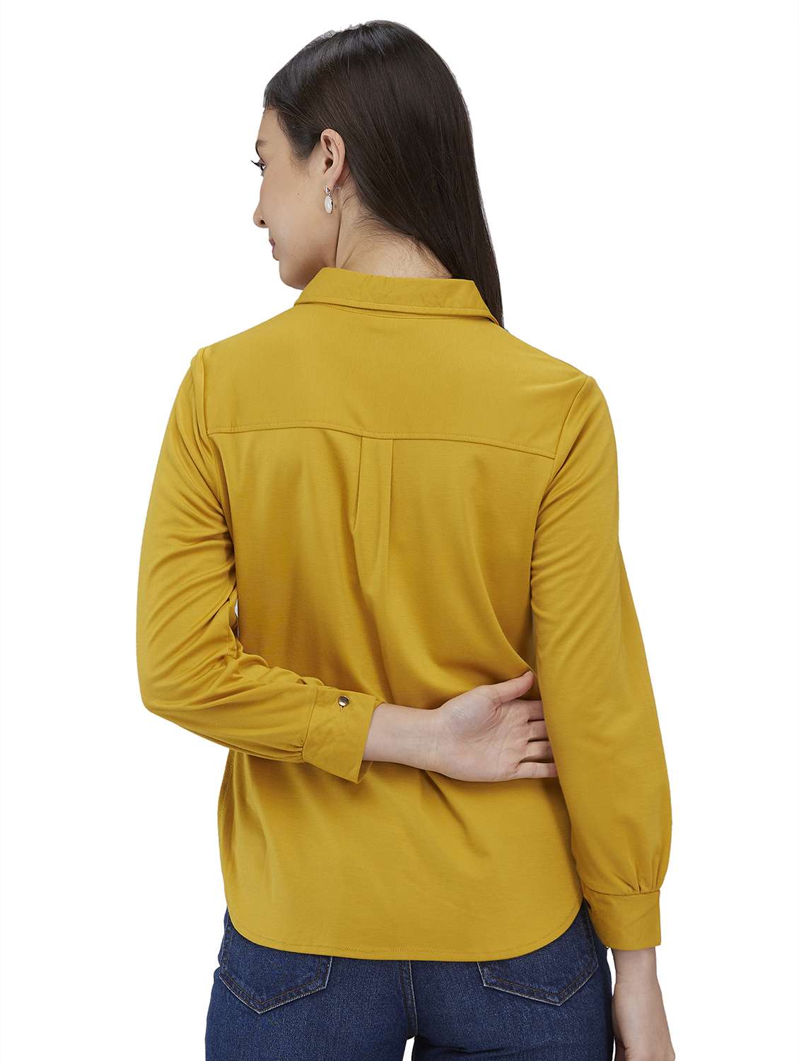 women mustard solid collared high low shirt - 21840667 - Standard Image - 2