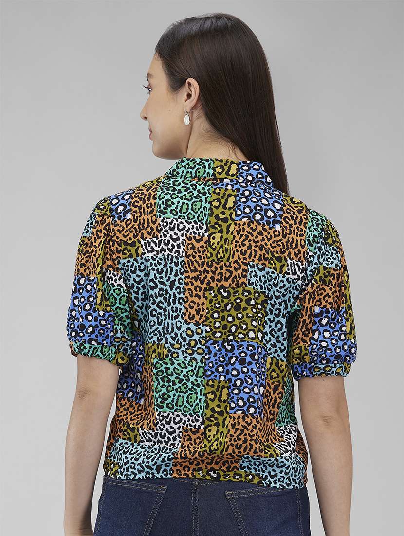 women animal printed collaredpuff sleeves top - 21840674 -  Standard Image - 2
