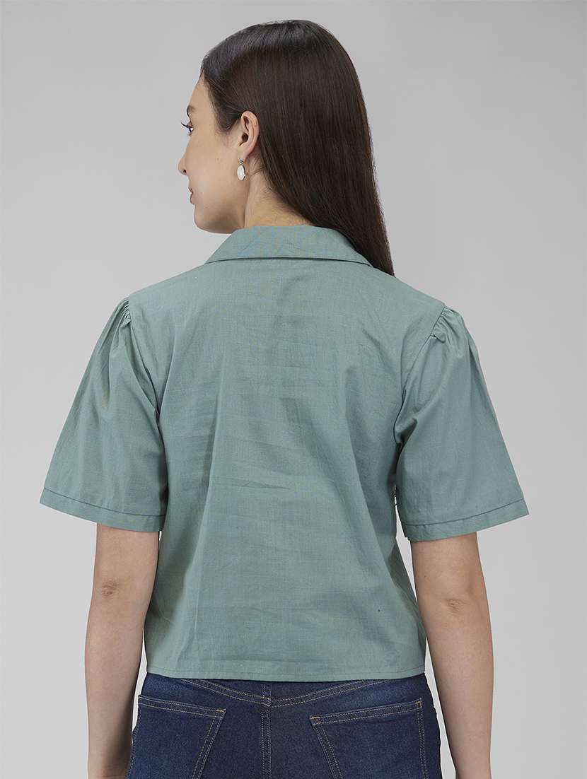 women solid collared short sleeves top - 21840675 - Standard Image - 2