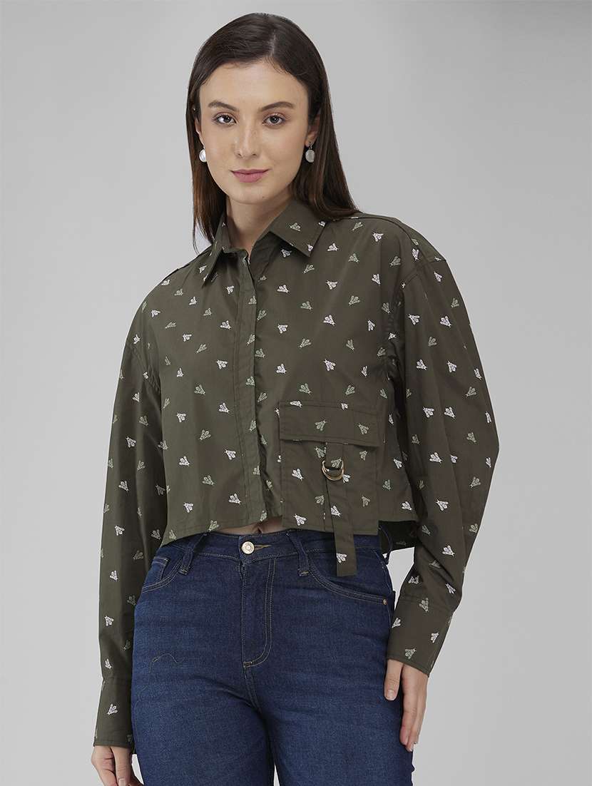 women olive printed long sleeve crop shirt - 21840676 -  Zoom Image - 0