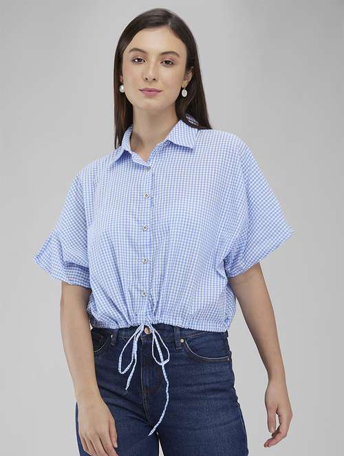 women light blue checkered short sleeve shirt - 21840679 - Standard Image - 0