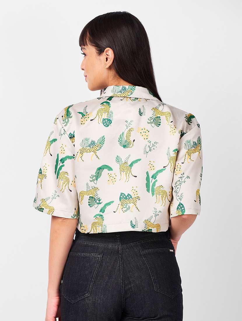 women beige printed collared crop shirt - 21840688 -  Standard Image - 2