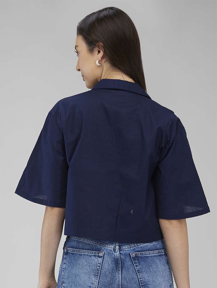 women navy blue solid collared crop shirt - 21840690 - Standard Image - 2