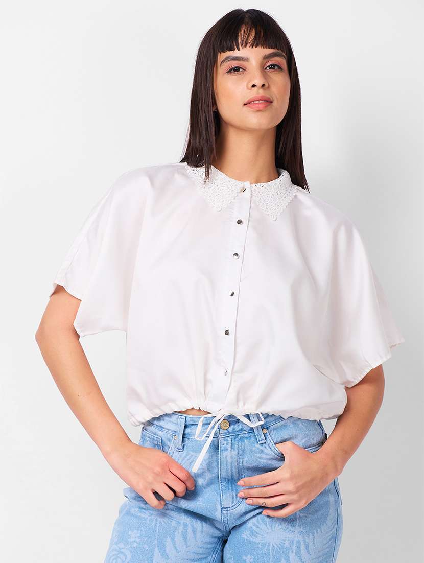 women solid laced collared crop shirt