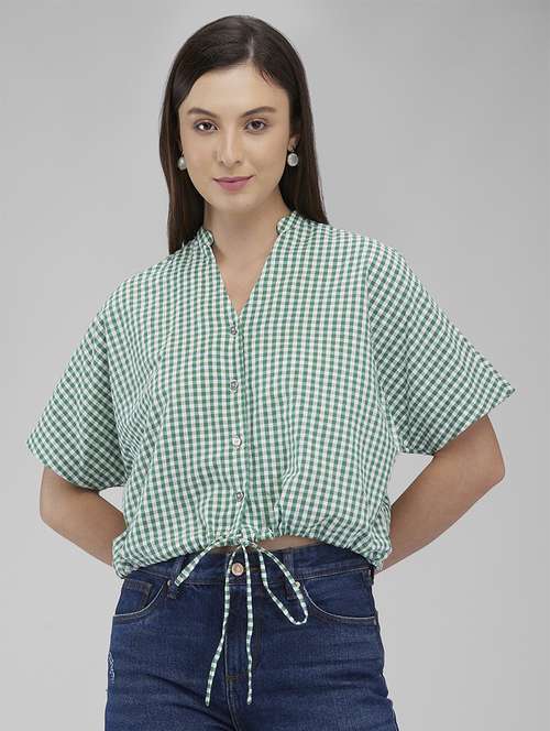 women checkered mandarin collar crop shirt - 21840708 -  Standard Image - 0