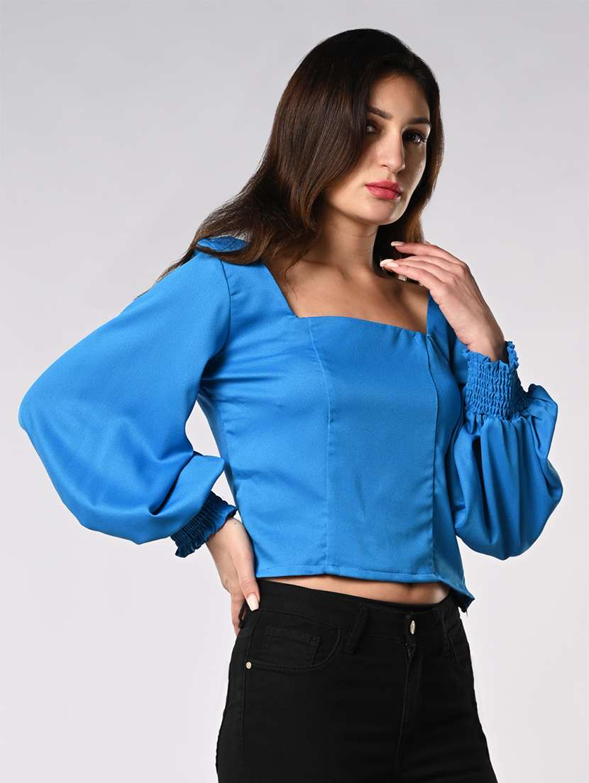 women solid puff sleeves crop top - 21840714 -  Standard Image - 2