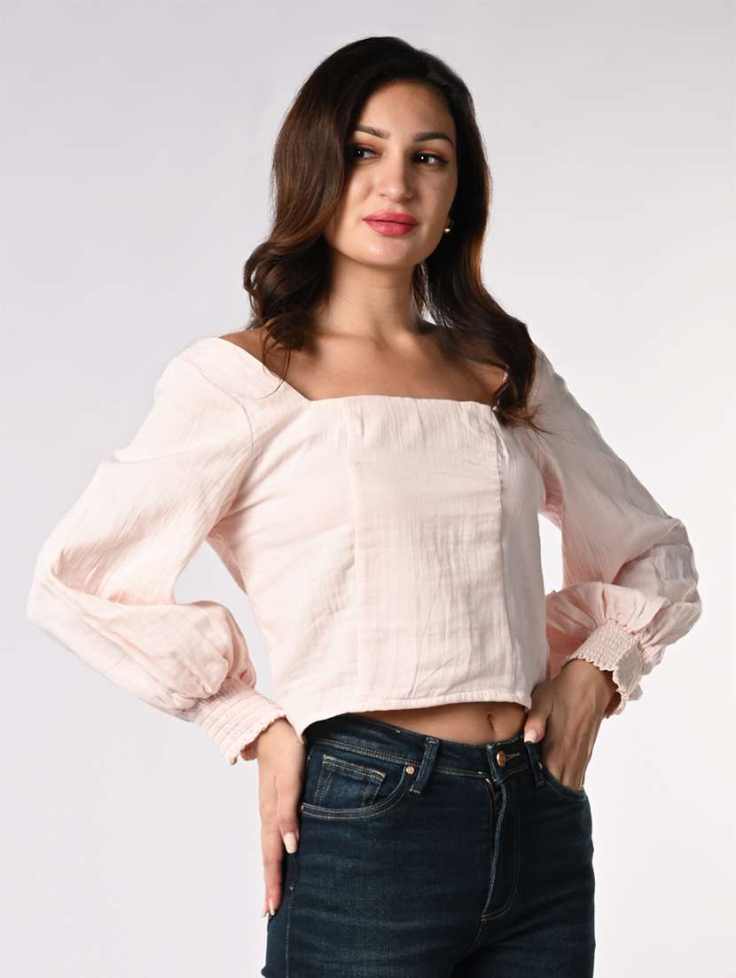 women solid puff sleeves crop shirt - 21840715 -  Standard Image - 2