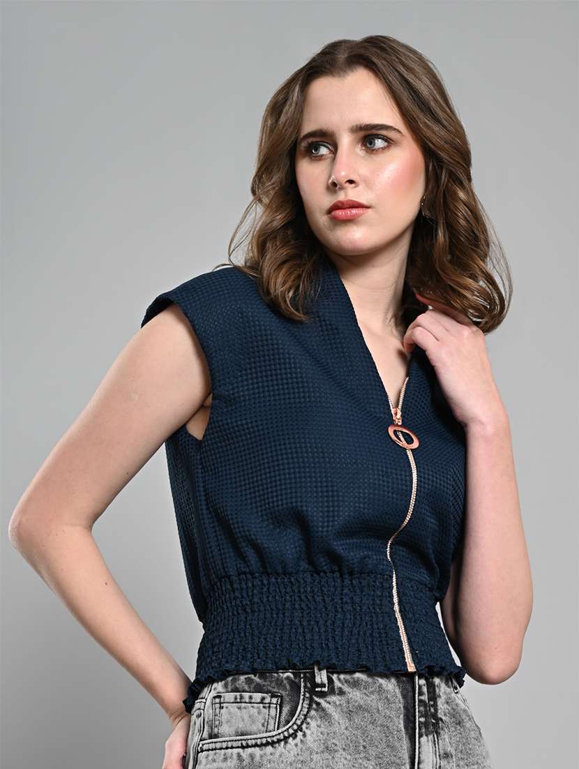 women solid cap sleeves smocked hem top - 21840718 - Standard Image - 2