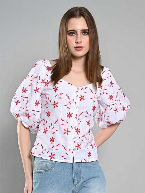 women embroidered puff sleeves regular top - 21840720 - Standard Image - 0
