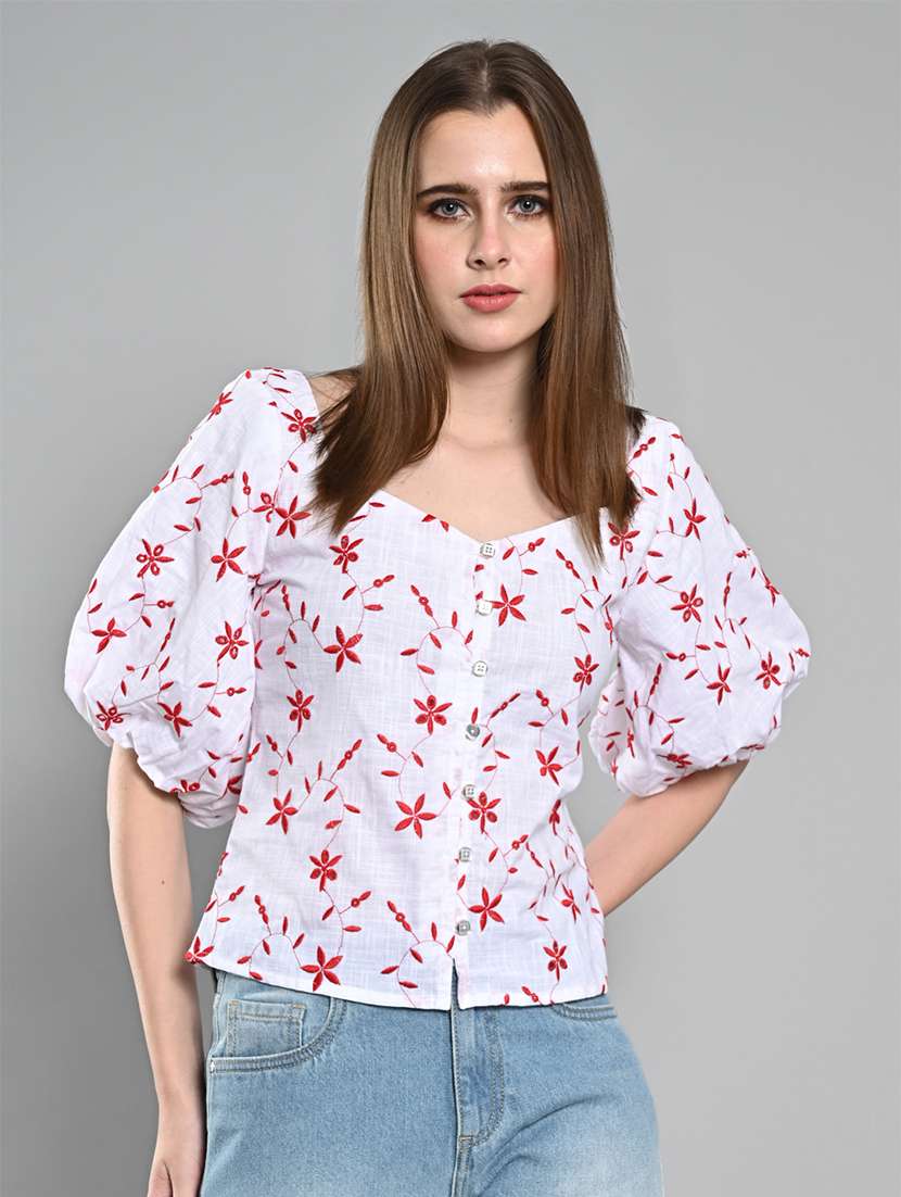 women embroidered puff sleeves regular top - 21840720 - Zoom Image - 0