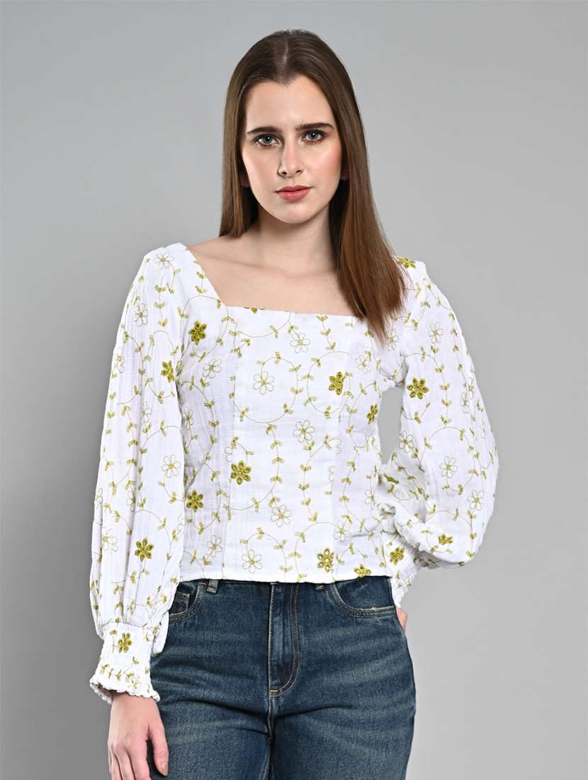 women embroidered puff sleeves regular top - 21840721 -  Zoom Image - 0