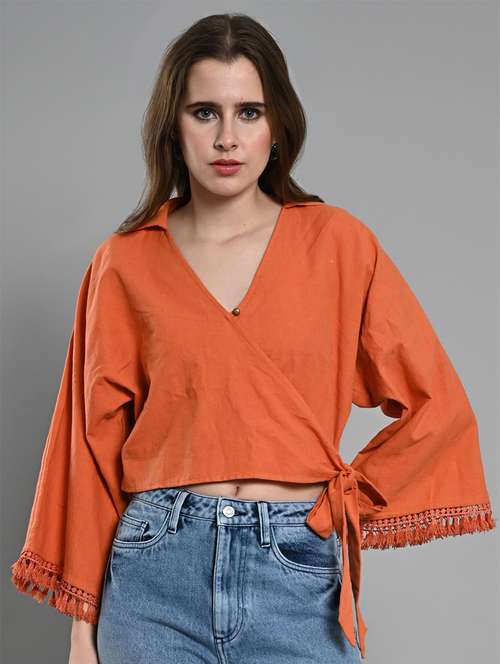 women solid bell sleeves wrap top - 21840722 - Standard Image - 0