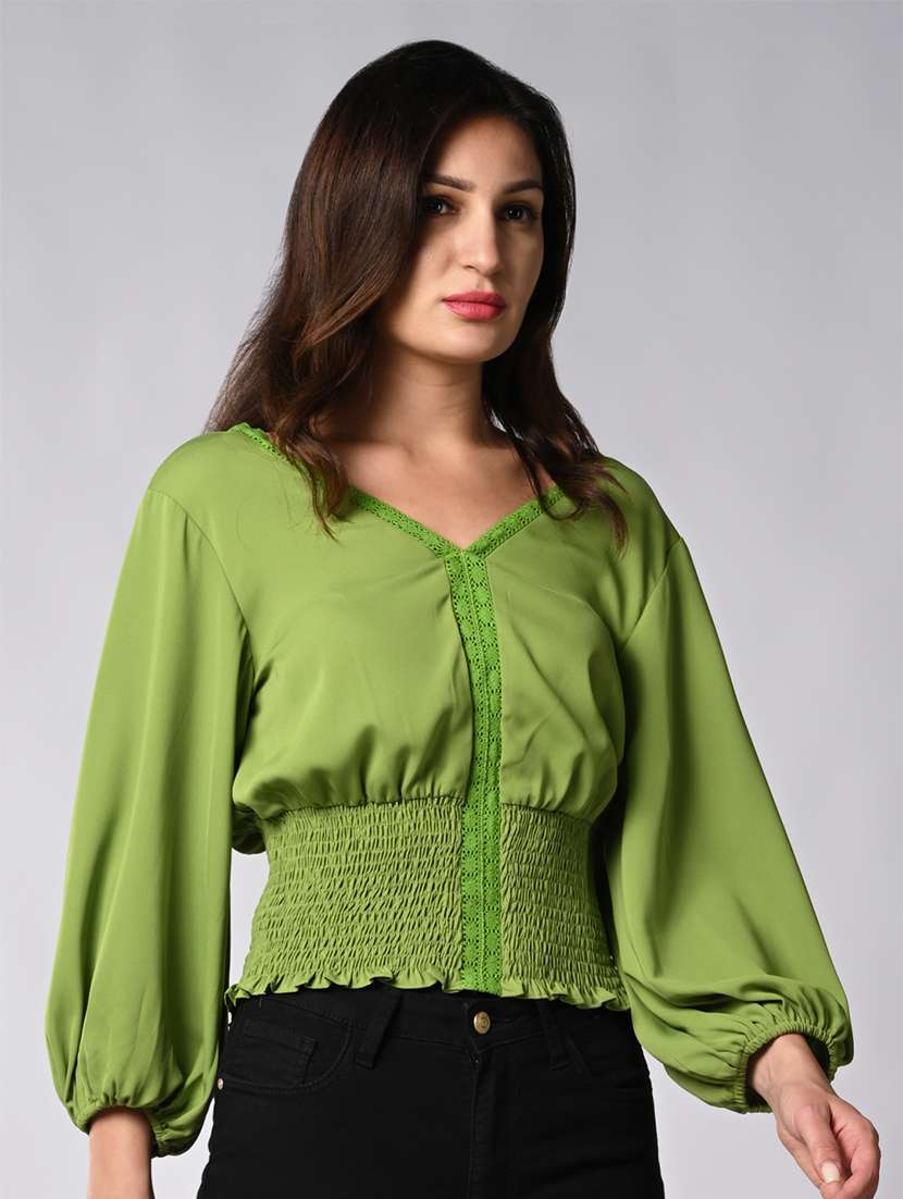 women solid puff sleeves blouson top - 21840726 -  Standard Image - 2