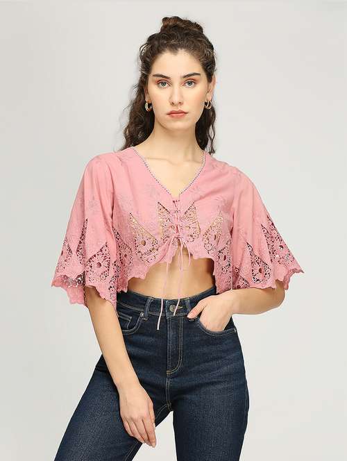 women laced flared sleeves crop top - 21840764 - Standard Image - 0