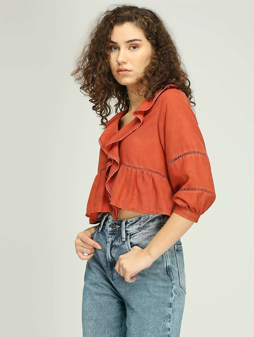 women solid ruffle detailed crop top - 21840766 -  Standard Image - 2