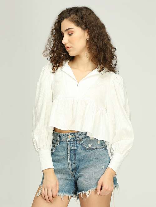 women solid puff sleeves crop peplum top - 21840768 -  Standard Image - 0