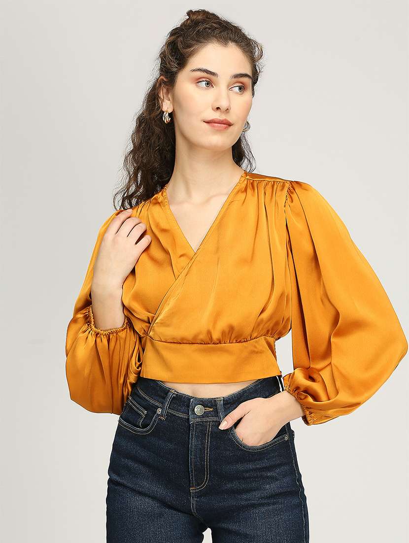 women solid puff sleeves crop top