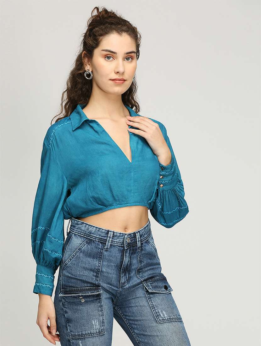 women solid collared crop blouson top - 21840776 -  Standard Image - 2