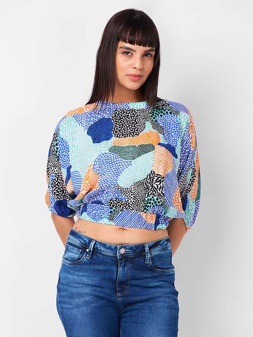 women printed elbow sleeves crop blouson top - 21840778 -  Standard Image - 0