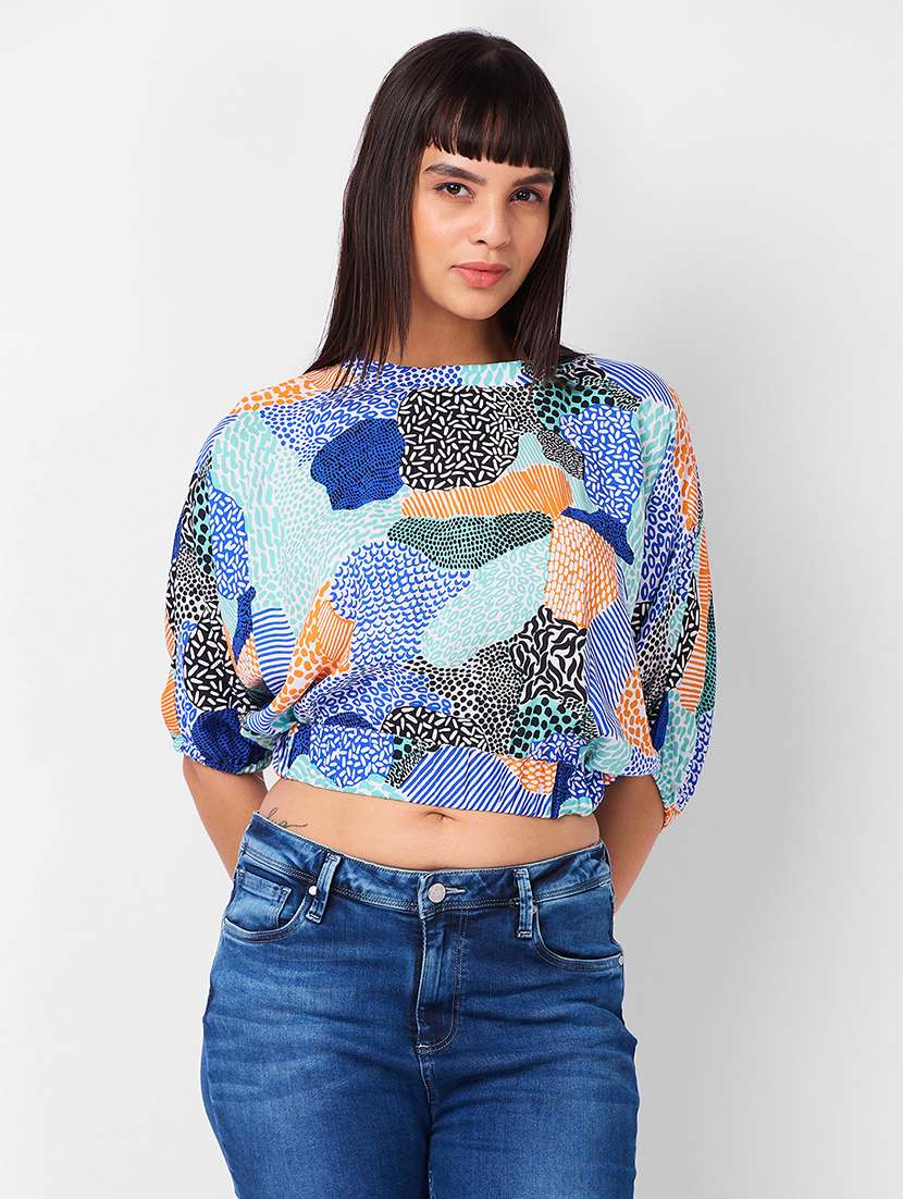 women printed elbow sleeves crop blouson top