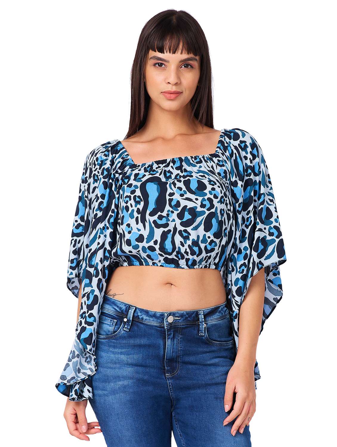 women animal printed flared sleeves crop top