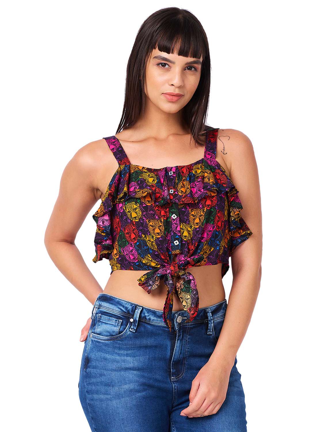 women printed shoulder strap crop top - 21840783 - Zoom Image - 0