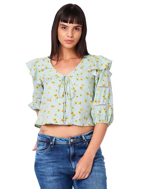 women floral print puff sleeves crop top - 21840784 -  Standard Image - 0