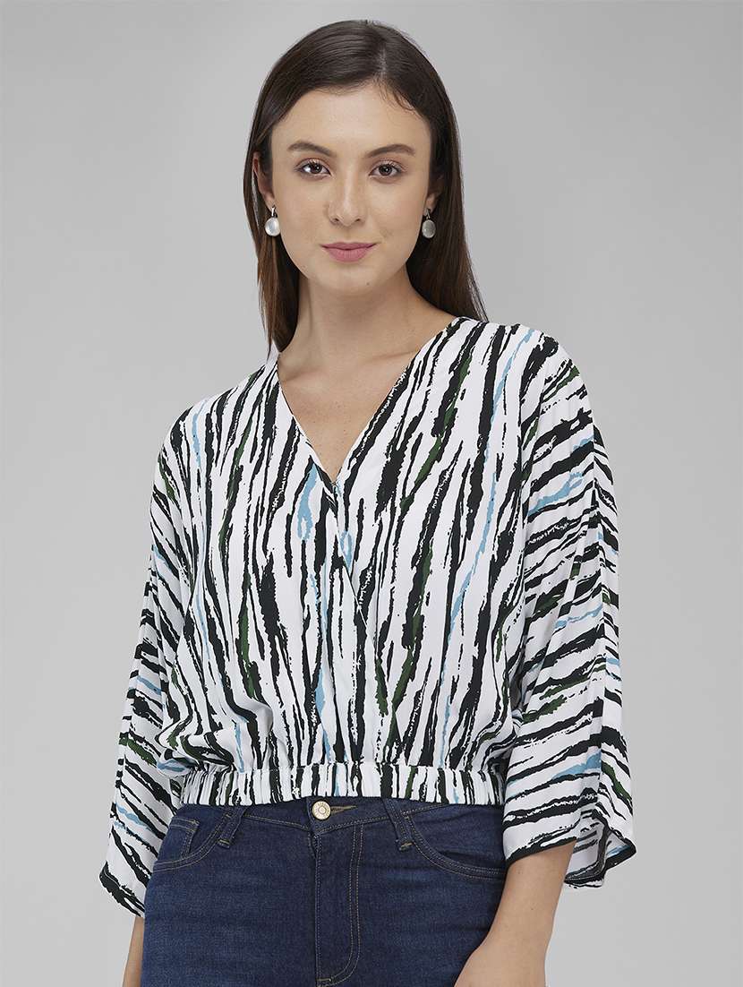 women printed overlap neck blouson top