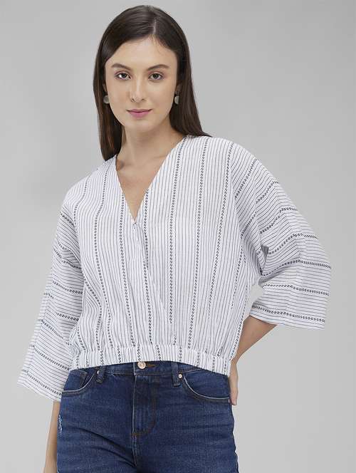 women striped overlap neck blouson top - 21840787 -  Standard Image - 0