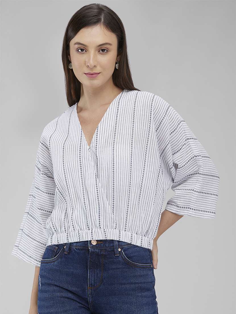 women striped overlap neck blouson top