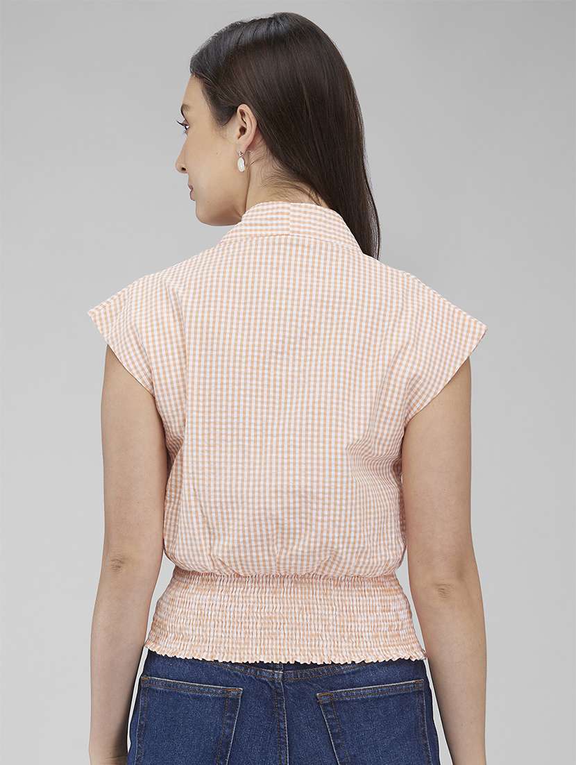 women checkered cap sleeves smocked hem top - 21840790 - Standard Image - 2