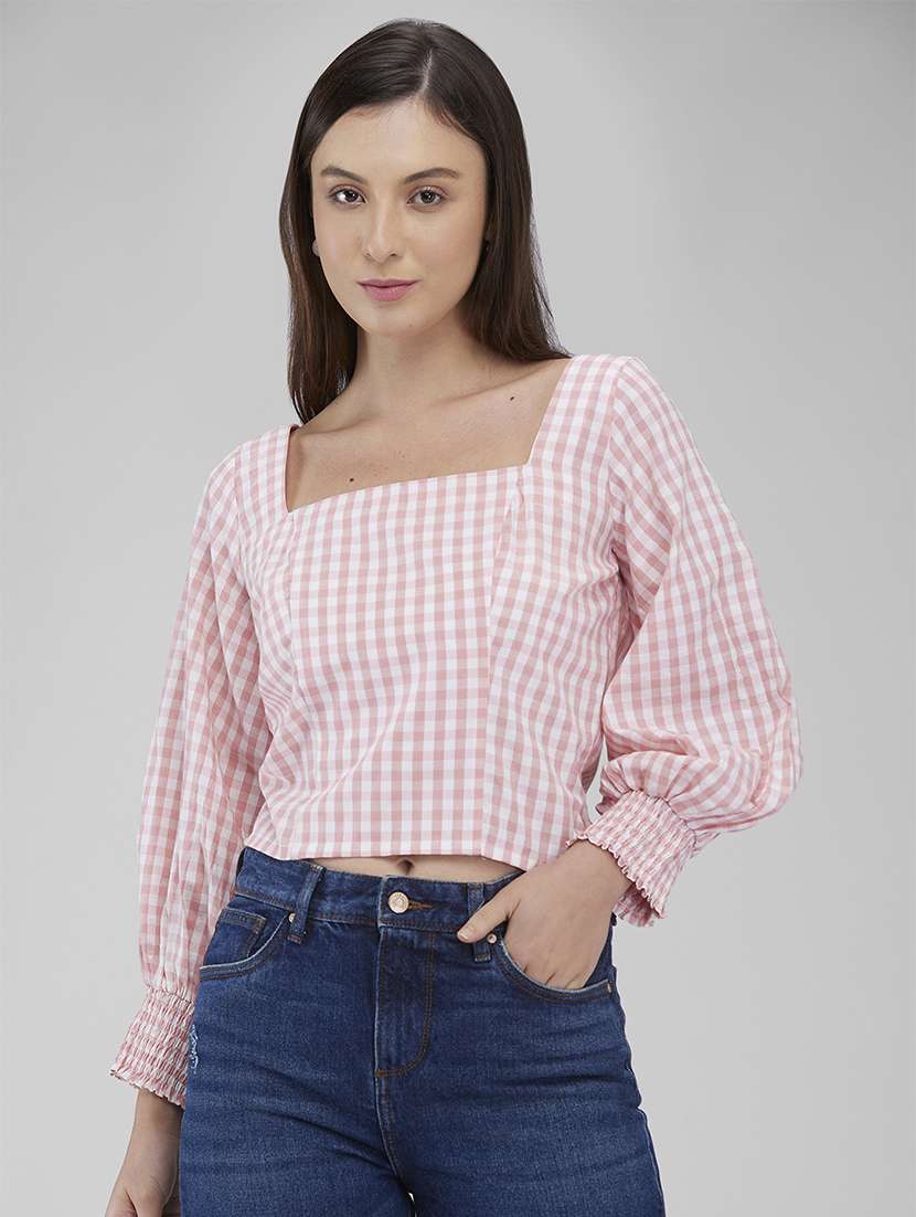 women checkered puff sleeves crop top