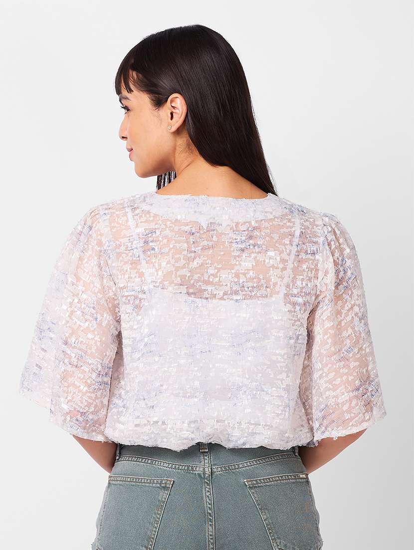 women self designed puff sleeves crop top with slip  - 21840794 -  Standard Image - 2