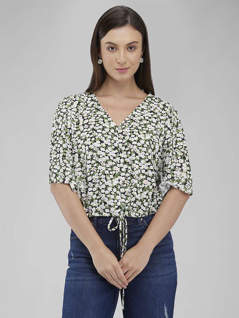 women floral print puff sleeves crop top