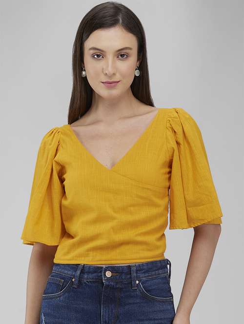 women solid puff sleeves crop top - 21840797 -  Standard Image - 0